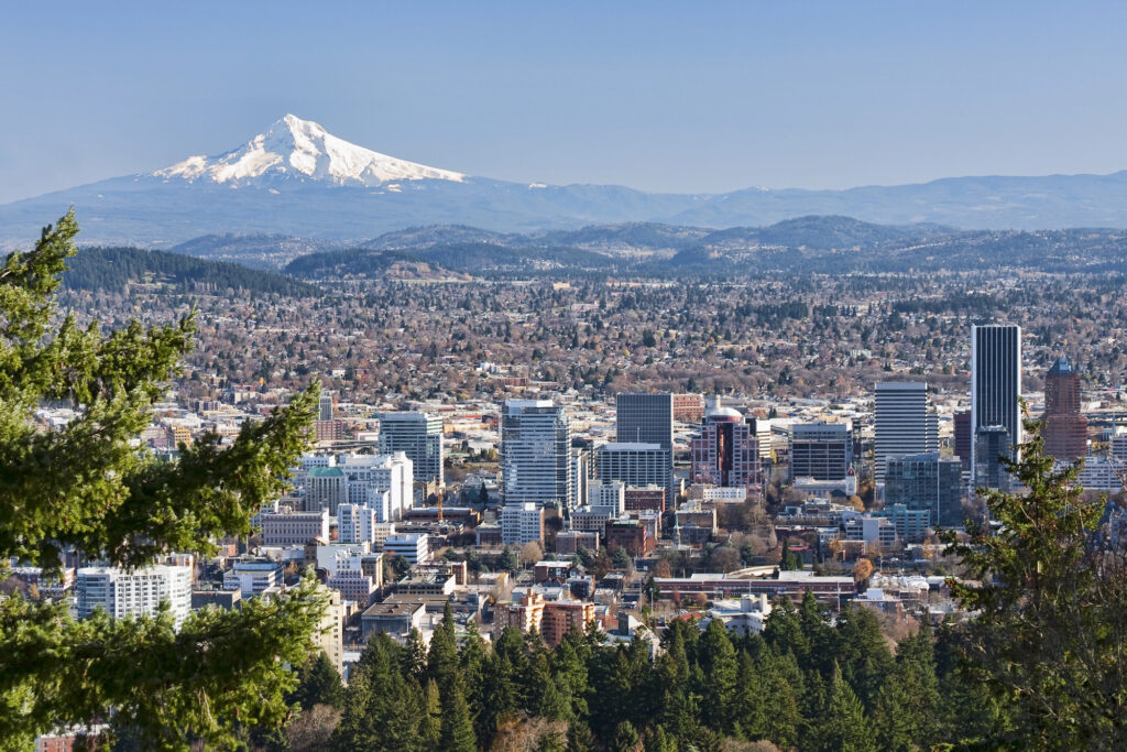 Portland skyline with Mount Hood in background.